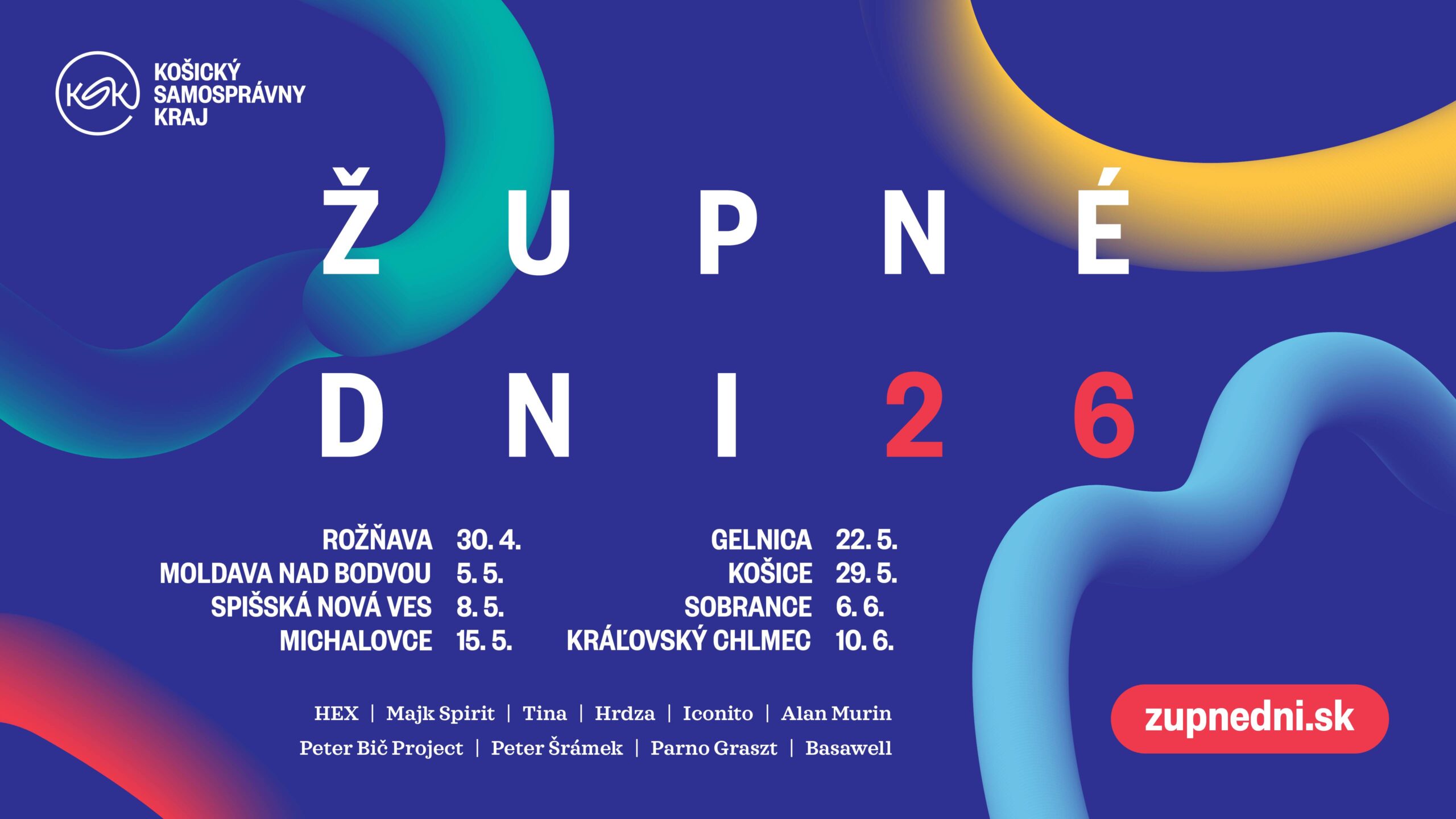 Župné dni 2026: Kraj vyrazí k obyvateľom do 8 miest. Zahviezdia Tina, Hex, Majk Spirit i Peter Bič Projekt